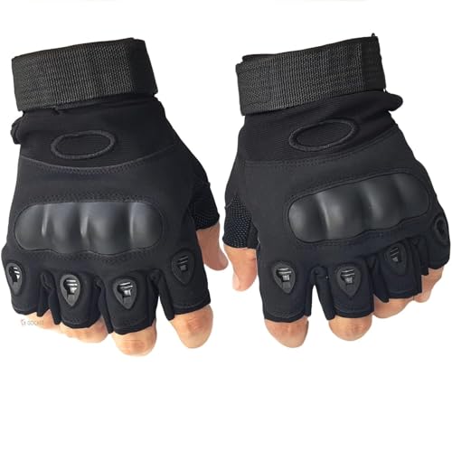 RADEYA Tactical Half-Finger Motorcycle Gloves for Men with Rubber Knuckle Guard, Army Colour,Non-Slip Grip, Shock-Absorbing Palm Padding for Riding, Cycling, Gym & Outdoor Adventures (Black)