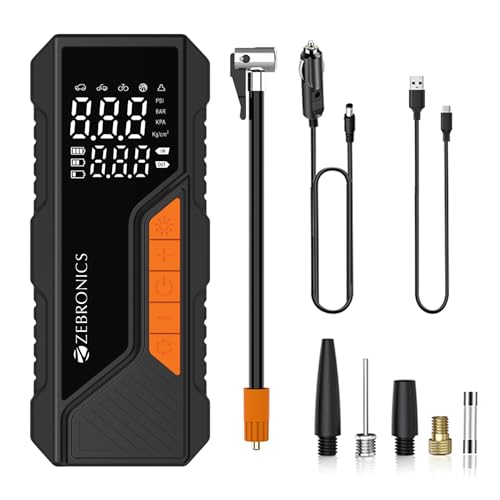 Zebronics, Portable Tyre Inflator, Wired and Wireless, 150 PSI Turbo Inflation, Digital Display, 6000 mAh Rechargeable Battery, Type-C & 12V Support, Power Bank, SOS Light, Multi Nozzles (19TI6A)