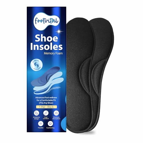 Footvital Memory Foam Shoe Insoles for Men and Women | Soft Cushioned Inserts for Long Standing and Walking | Supports Heel and Arch | Shock Absorbing | Moisture Absorbing | Lightweight Washable Insoles for All Shoes | 1 Pair | Black | Size 8