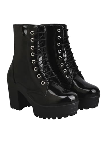 Shoetopia Lace Up Block Heeled Western Boots/Boot-07/Black/UK7-EU40
