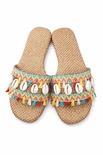 Women's Beach Sandals, Woven Slip-On Slides with Seashell Embellishments, Colorful Tassel Trim, Summer Flat Shoes (UK Footwear Size System, Adult, Women, Numeric, Medium, 6)