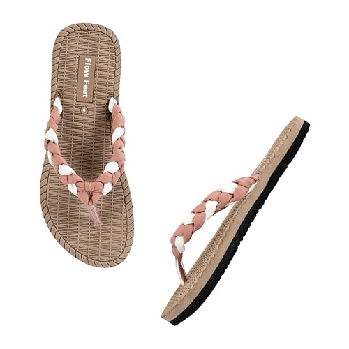 Flow Feet Women's Flip Flops, Braided Strap Design, Textured Footbed, Casual Beach Sandals (Peach, UK Footwear Size System, Adult, Women, Numeric, Medium, 7)