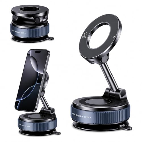 (1 Year Warranty) 360° N52 Strong Magnetic Vacuum Phone Holder, Strong Suction Mobile Mount for Car Dashboard, Windshield, Mirror & Smooth Surfaces, Hands-Free Universal Smartphone Holder - Black