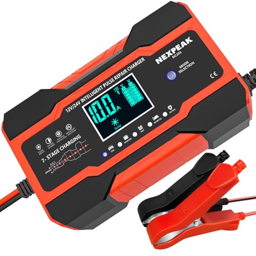 10-Amp Car Battery Charger, 12V and 24V Smart Fully Automatic Battery Charger Maintainer Trickle Charger w/ Temperature Compensation for Car Truck Motorcycle Lawn Mower Boat Marine Lead Acid Batteries