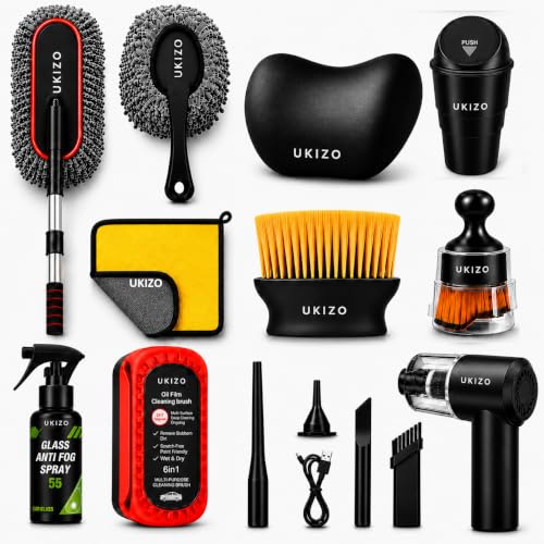 10 PCS Car Cleaning Kit Combo with Portable Car Vacuum Cleaner | Car Memory Foam Pillow with Car Dustbin, Detailing Brush, Microfiber Cloth, Anti Fog Spray, Oil Film Brush SUVs Car Kit (Large 10 Pack)