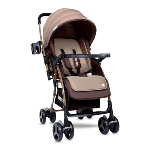 1st Step Caramel Baby Pram Cum Stroller with 5 Point Safety Harness/Infinitely Reclining and Cushioned Seat/Reversible Handle/Front Swivel Wheels - Coffee Brown