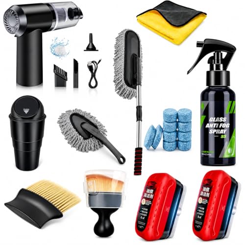 20PCS Complete Car Cleaning Kit with 3-in-1 Handheld Vacuum Cleaner, Microfiber Duster, Detailing Brushes, Car Drying Towel, Anti Fog Spray, Oil Film Remover Brush, Interior & Exterior Auto Care Set