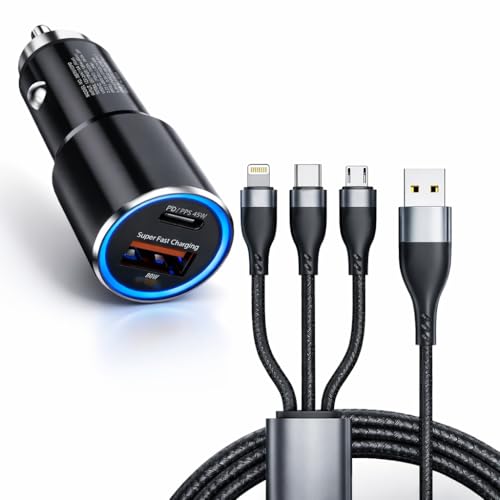 45W Fast Car Charger with 3-in-1 Cable | PD & QC Super Fast Charging | Type-C + USB-A Output | Supports Dash, Warp, VOOC |Compatible with Cars for iPhone & Android Smartphone (Black)