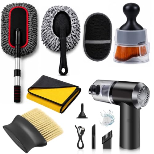 7 PCS Car Cleanig Kit with 3-in-1 Mini Vacuum Cleaner, Microfiber Cloth,Big Duster,Car Cleaning Anti-Fog Spray,Wheel Brush,AC Vent Brush&Interior Cleaning for velar,Truck