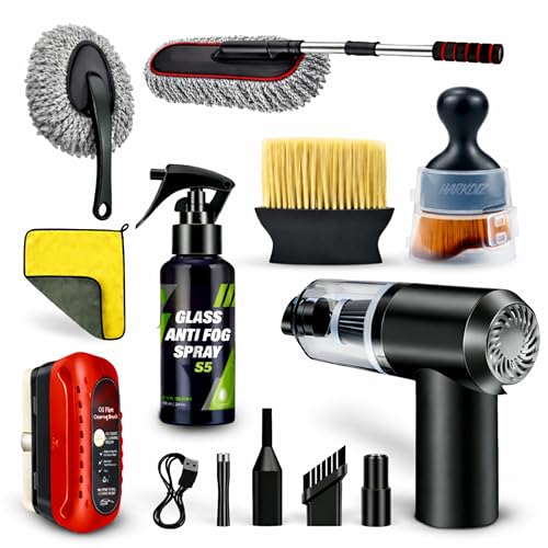 8 Pcs Car Combo Kit with 3-in-1 Mini Vacuum Cleaner, Microfiber Cloth, Duster, Wheel Brush, Anti-Fog Spray & Glass Cleaning Tools (8 in 1 Car Combo) (Multicolour)