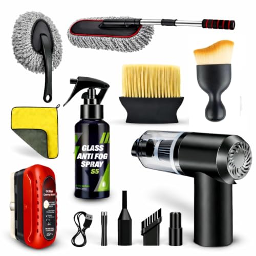 8 Pcs Car Combo Kit with 3-in-1 Mini Vacuum Cleaner, Microfiber Cloth, Duster, Wheel Brush, Anti-Fog Spray & Glass Cleaning Tools (8 in 1 Car Combo) (Multicolour)