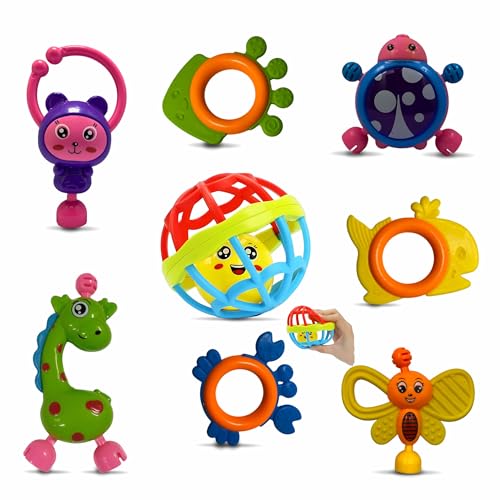 8-Piece Colorful Rattle & Teether Combo Set – BPA-Free Rubber Sensory Toys for Infants (0–2 Years, 3+ Months Ready)