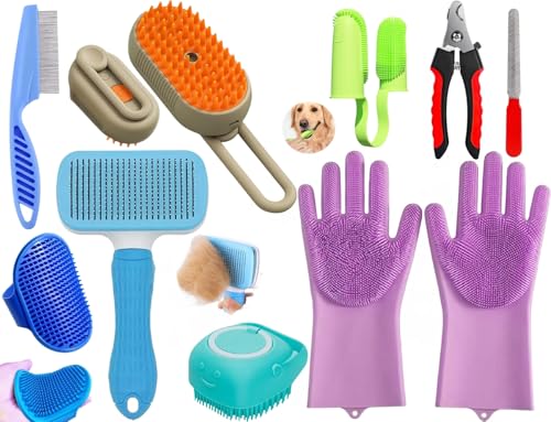 9 in 1 Grooming, Bathing & Nail Cutting Kit For Dogs & Cats - Includes Pet Comb Brush, 3 in 1 Pet Steam Brush, Cat Comb, Silicone Bath Scrubber, Flea Comb, Bath Gloves, Pet Toothbrush & Nail Clipper