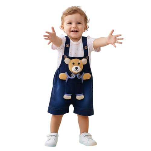A.T.U.N. (ALL THINGS UBER NICE) Baby Boys Cotton Denim Dungaree Set with 3D Teddy Bear Design | Printed T-Shirt with Adjustable Straps | Stylish & Comfortable Daily Outfit for Baby Unisex
