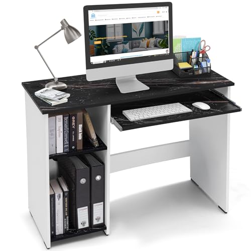 ABOUT SPACE Computer Table for Home - Study Table for Students, Adults Work Table for Home Office with Keyboard Tray,Adjustable Storage Space & Wire Holes (Black Marble&White - L 103 x B 43 x H 75 cm)