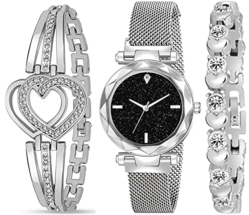 Acnos® Premium Brand - A Watch Analogue Plain Black Dial Silver Magnet Watch with Gift Bracelet for Women Or Girls and for Girl Or Women (Combo of 3)