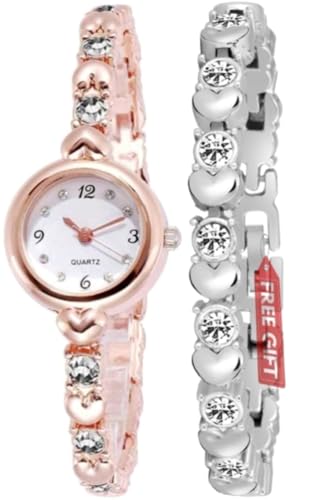 Acnos Premium Stainless Steel Analog Rose Gold White Diamond Heart Shape Bangle with Silver Heart Bracelet Women's Watch (Pack of 2)