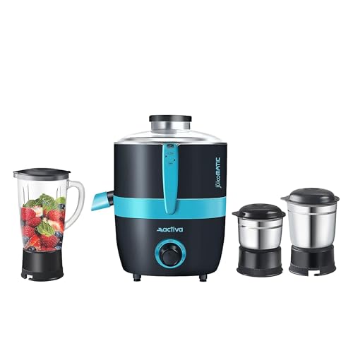 Activa Juicomatic Powerful 600 Watt Juicer Mixer Grinder, 3 Jars Blending, Grinding & Chutney, Leak Proof & Air Tight, Stainless Steel jars, Shock Proof Body, Safety Locks, 2 Years Warranty - Black