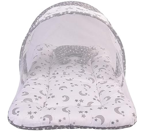 Adore Stuff Baby Bed with Thick Mattress, Mosquito Net with Zip Closure & Neck Pillow, Baby Bedding for New Born, 0M+, Cars Print, Baby Sleeping Bed of 78x45x40cm Size (Multicolour)