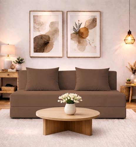 Adorn India Easy 3 Seater Sofa Cum Bed | Velvet Fabric | Camel | Plain Design | 6x5 Ft | Comfortable Seating | Washable Cover | Perfect for Home & Office