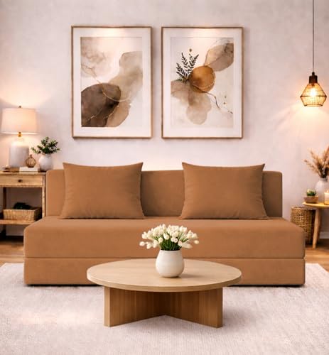 Adorn India Easy 3 Seater Sofa Cum Bed | Velvet Fabric | Tan | Plain Design | 6x5 Ft | Comfortable Seating | Washable Cover | Perfect for Home & Office