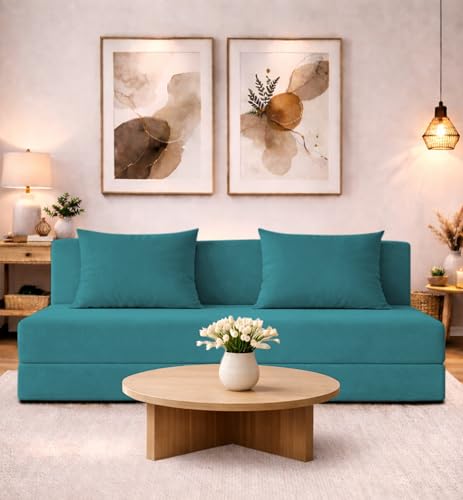 Adorn India Easy 4 Seater Sofa Cum Bed | Velvet Fabric | Aqua Blue | Plain Design | 6x6 Ft | Comfortable Seating | Washable Cover | Perfect for Home & Office