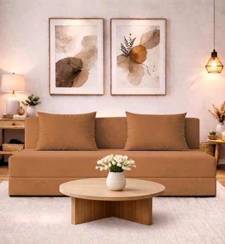 Adorn India Easy 4 Seater Sofa Cum Bed | Velvet Fabric | Tan | Plain Design | 6x6 Ft | Comfortable Seating | Washable Cover | Perfect for Home & Office