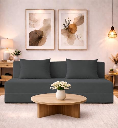 Adorn India Easy 4 Seater Sofa Cum Bed | Velvet Fabric | Dark Grey | Plain Design | 6x6 Ft | Comfortable Seating | Washable Cover | Perfect for Home & Office