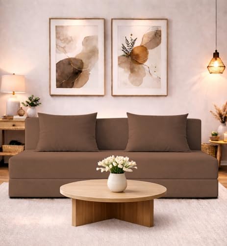 Adorn India Easy 4 Seater Sofa Cum Bed | Velvet Fabric | Camel | Plain Design | 6x6 Ft | Comfortable Seating | Washable Cover | Perfect for Home & Office