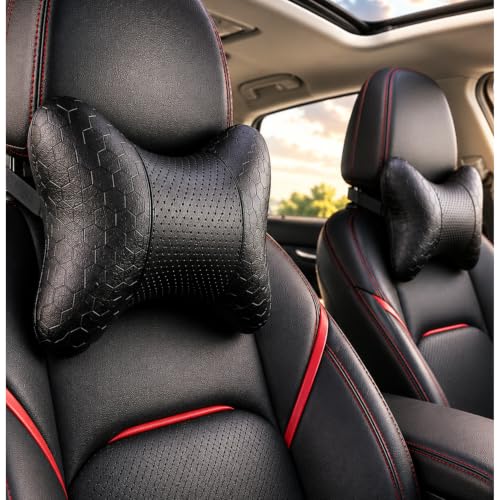 Adroitz Faux Leather Car Neck Rest Pillow | Premium headrest Cushion Neck Pain Relief | Head Rest Support for Long Drives | Headrest Interior Seat Accessories for All Cars(Set of 2) (Black)