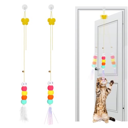 Aeenioy Cat Toys, Hanging Spring Toys for Cats, Interactive Cat Playing Toy with Feathers and Crinkle Paper, Kitten Toys for Indoor Play, 2-Pack