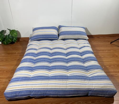 AGLA KADAM Double Mattress Bed Foldable Floor 4 x 6 Feet 10 KG White Cotton Rui Gadda (White and Blue Lining, Double)