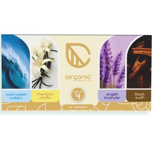 Airganic Aroma Swing - Pack of 4 (40 ml) - Combo: Cool Ocean, Mexican Vanilla, Lavender & Black Oudh Car Perfume | Aroma Essential Oils in Glass Bottle with Wooden Diffuser Lid | Car Accessories 2025