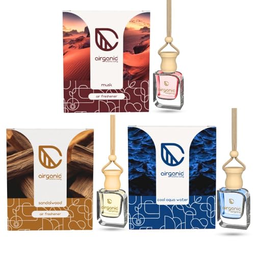 Airganic Swing Prime Car Perfume Hanging Pod-Musk, Sandalwood & Cool aqua Water -Pack 3| Car Air Freshener |Natural Essential Fragrance Oils in Glass Bottle with Wooden Diffuser Lid |Last Upto 60 Days