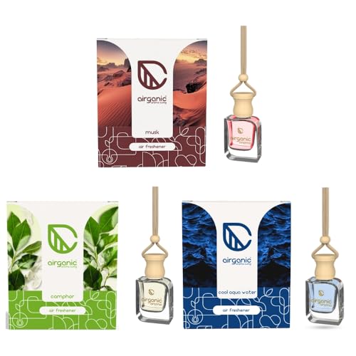 Airganic Swing Prime Car Perfume Hanging Pod | Musk, Camphor & Cool Aqua Water| Pack 3 | Car Air Freshener |Natural Essential Fragrance Oils in Glass Bottle with Wooden Diffuser Lid |Last Upto 60 Days