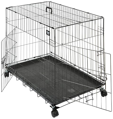 Amazon Basics 36 Inch Metal Pet Crate with Lockable Wheels | Black | Foldable Cage with Secure Lock | Removable Tray for Easy Cleaning | 1 Level | Ideal for Dogs & Cats,Medium, Small