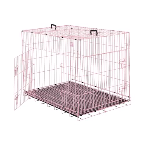 Amazon Basics Foldable Metal Wire Dog Cage/Crate/Carrier with Tray | for Large and XL Adult Dogs | 42 Inch | Pink | Single Door | Removable Base | Manual Locking Mechanism
