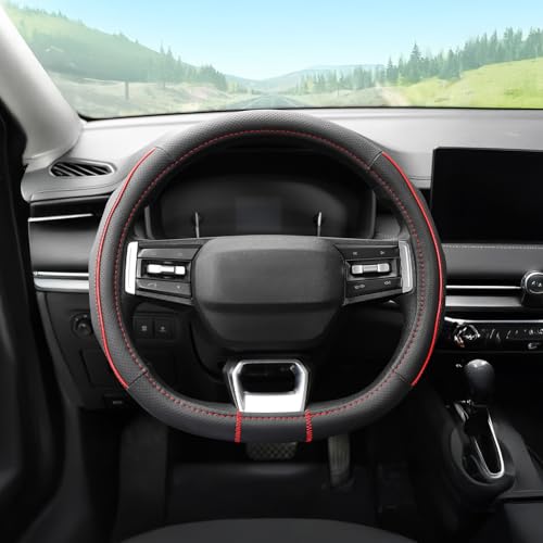 Amazon Basics Leather Steering Wheel Cover (Medium – 38 cm) | Breathable, Non-Slip Polyvinyl Grip with Sporty Black Stitching & Easy Installation (Black and Red)