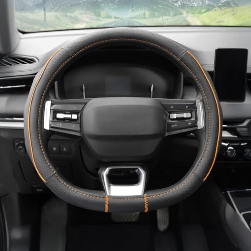 Amazon Basics Leather Steering Wheel Cover (Medium – 38 cm) | Breathable, Non-Slip Polyvinyl Grip with Sporty Black Stitching & Easy Installation (Black and Orange)