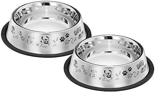 Amazon Basics Stainless Steel Printed Pet Bowl | 700 Ml x 2 | for Dogs and Cats | Dry Kibble, Wet Food, Water Bowl | No-Tip, Non Sliding Design | Dishwasher Safe, Medium, Small
