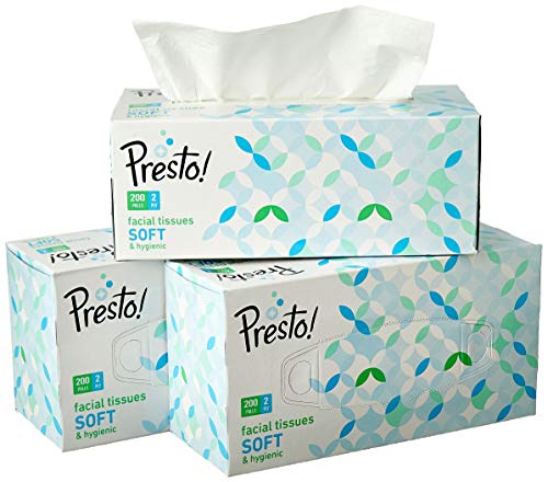 Amazon Brand - Presto! 2 Ply Facial Tissue Box | 600 Pulls | 200 Pulls X 3 Cartons | Highly Absorbent | 100% Natural Virgin Cellulose Fiber
