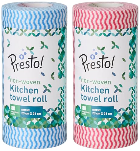 Amazon Brand - Presto! Non-Woven Kitchen Towel Roll | 80 Pulls (Pack of 2) | Size: 23 x 21 cm | Wavy Pattern (Red & Blue) | Washable and Reusable | Highly Absorbent | For Daily Use