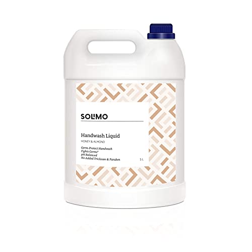 Amazon Brand - Solimo Liquid Handwash, Refill Can | Honey & Almond | 5 Litre | Fights Germs | Ph-Balanced Formula | No Added Triclosan & Parabens