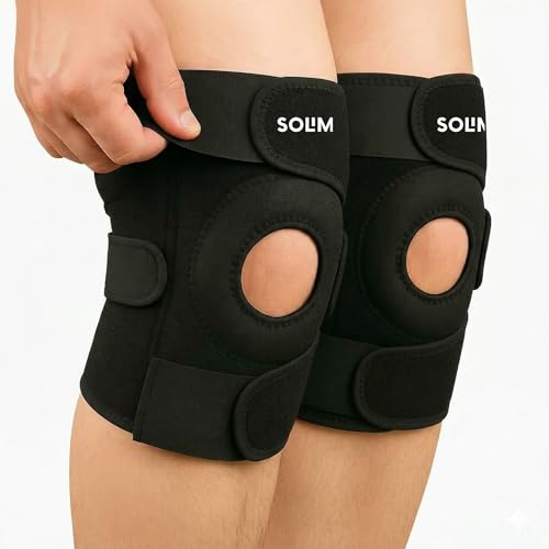 Amazon Brand - Solimo Open Patella Support for Arthritis, Ligament Strain, Joint Comfort & Everyday Stability | Adjustable Compression Knee Wear for Men & Women Universal Fit Pair