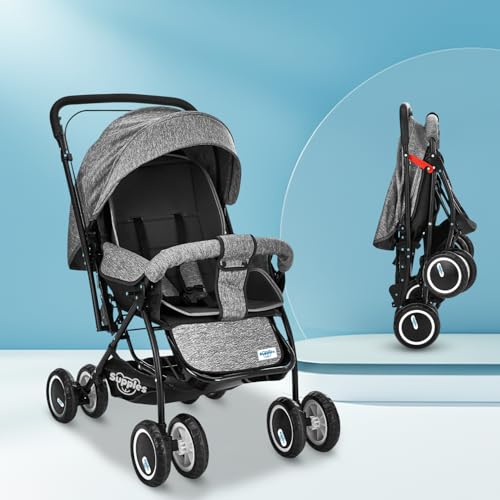 Amazon Brand – Supples Baby Stroller/Pram for Newborns & Toddlers (0–3 Years) | Foldable, 5-Point Safety Harness, Reclining Seat, Storage Basket, Adjustable Backrest, 360° Wheels | Grey & Black