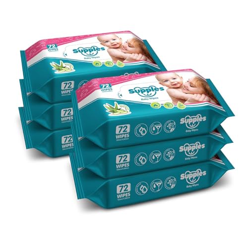 Amazon Brand - Supples Baby Wet Wipes | 432 Wipes | 72 Wipes x 6 Packs | Enriched With Aloe Vera and Vitamin E | Alcohol-Free and Paraben-Free | Pure Water-Based formulation