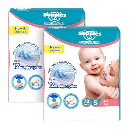 Amazon Brand - Supples Premium Baby Diaper Pants | 156 Baby Diapers | Small | 4-8 Kg | 78 x 2 Packs | 12 Hrs Absorption | Cushiony Cotton Soft Fabric | Phthalates-Free | Triple Leak Guard