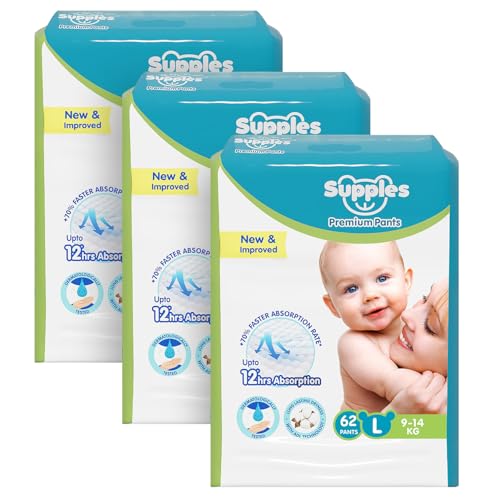 Amazon Brand - Supples Premium Baby Diaper Pants | 186 Baby Diapers | Large | 9-14 Kg | 12 Hrs Absorption | Cushiony Cotton Soft Fabric | Phthalates-Free | Triple Leak Guard | 62 Count, Pack of 3