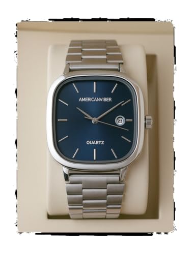 AMERICANVIBER Men's Silver, Watch with Stainless Steel Band | Water-Resistant Analog Dress & Casual Wristwatch (Blue)