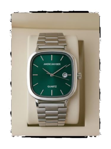AMERICANVIBER Men's Silver, Watch with Stainless Steel Band | Water-Resistant Analog Dress & Casual Wristwatch (Green)